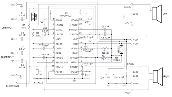 1 watt per channel stereo amplifier based on the TPA2001D2 Class D amplifier Diagram of 1 watt per channel stereo amplifier based on the TPA2001D2 Class D amplifier