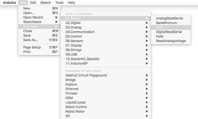 Load &ldquo;Blink&rdquo; example from menu