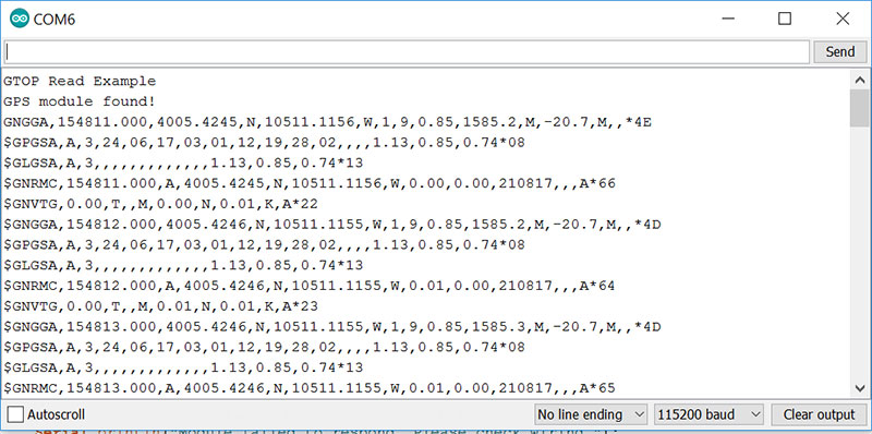 This first example outputs the raw NMEA sentences