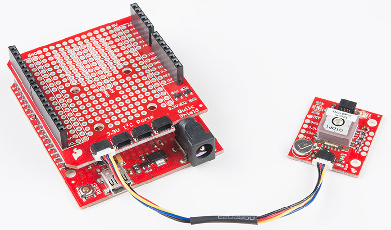 Plug one end to XA1110 breakout/other to Qwiic Shield